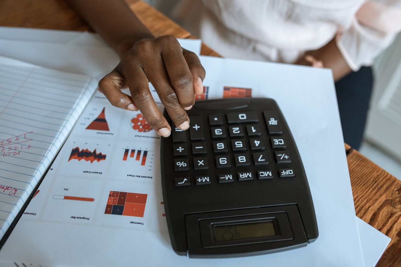 Mão de uma profissional usando uma calculadora sobre relatórios financeiros para definir o preço de uma consultoria financeira