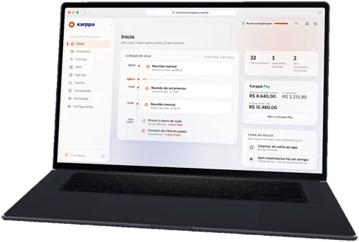 Notebook com o painel do Sistema Karppa aberto: agenda do dia, clientes e cobranças