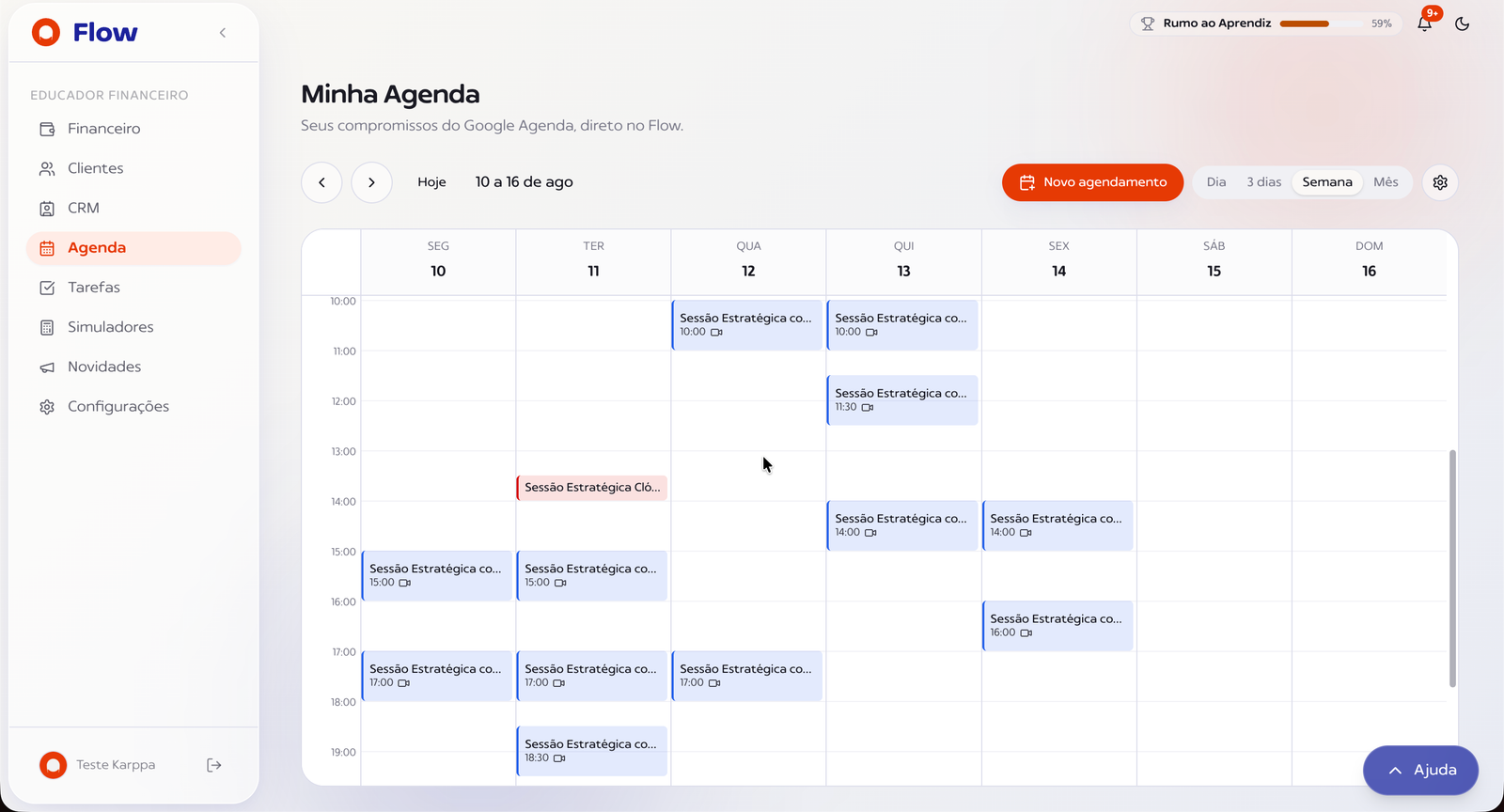 Tela de Agenda do Sistema Karppa, com a semana de compromissos vinda do Google Agenda
