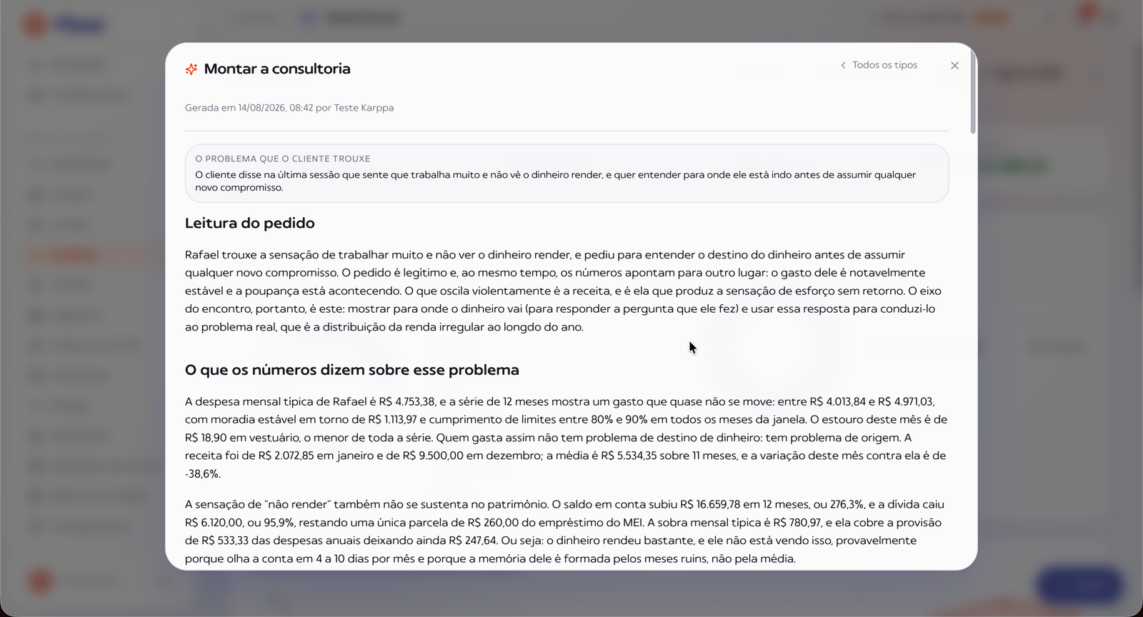 Análise Montar a consultoria gerada pela Karppa IA, com o plano de ação escrito para o cliente