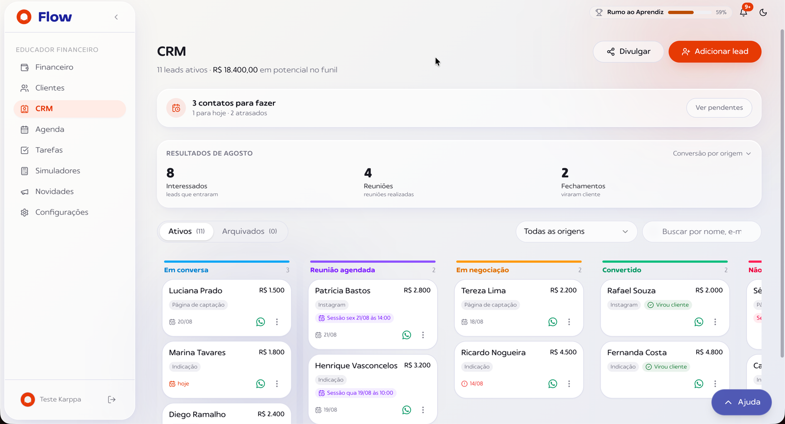 Tela de CRM do Sistema Karppa, com o funil de captação em cinco etapas