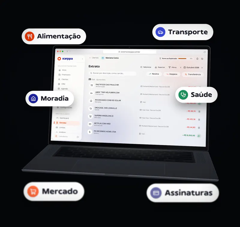 Extrato do cliente no Sistema Karppa, com os lançamentos já separados por categoria, como alimentação, moradia, transporte, saúde, mercado e assinaturas
